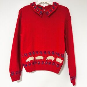 Vintage Allen Solly Red Wool Knit Sweater Embroidered Sheep Collar Women Medium